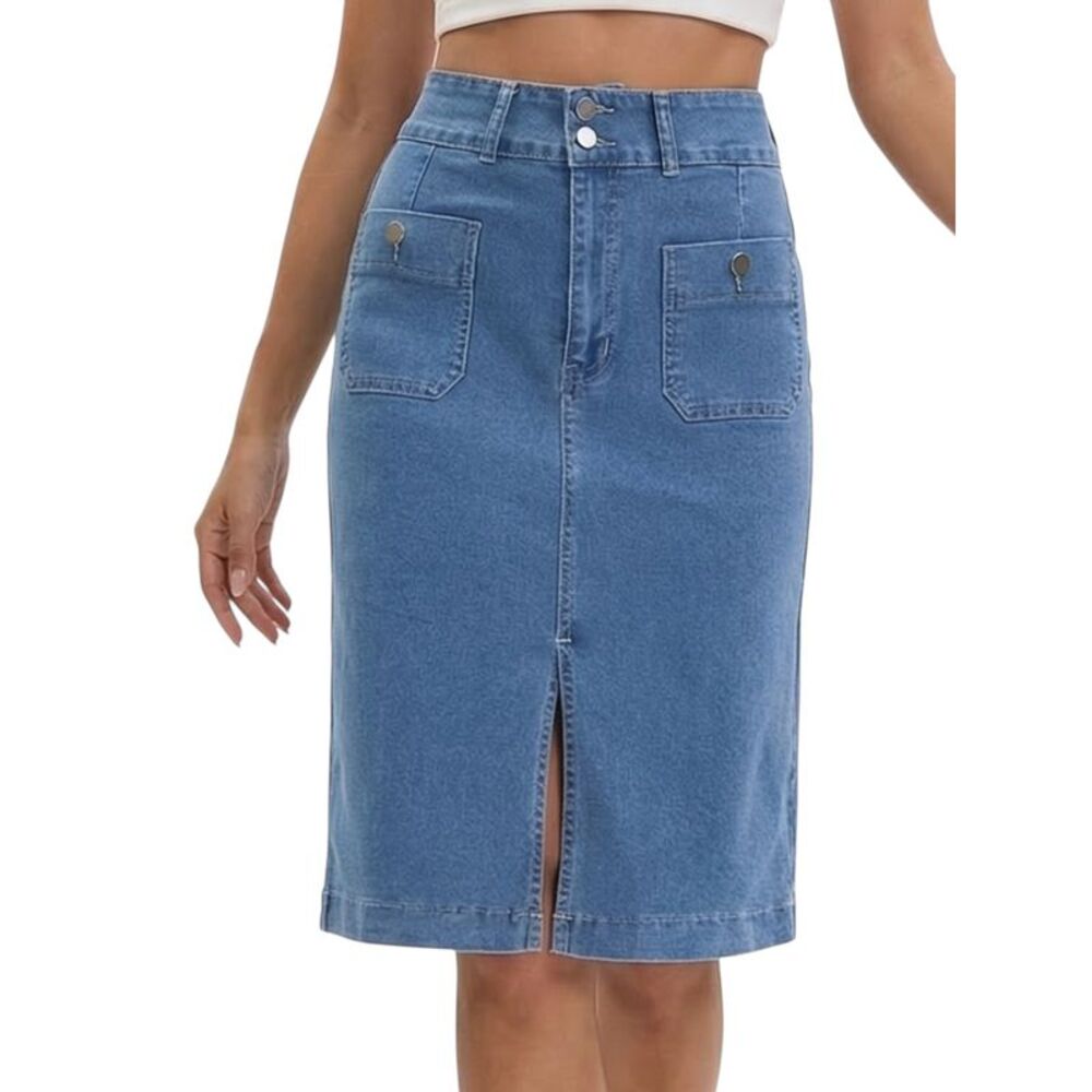 Women High Waisted Stretchy Below Knee Length Denim Jean Skirts Blue